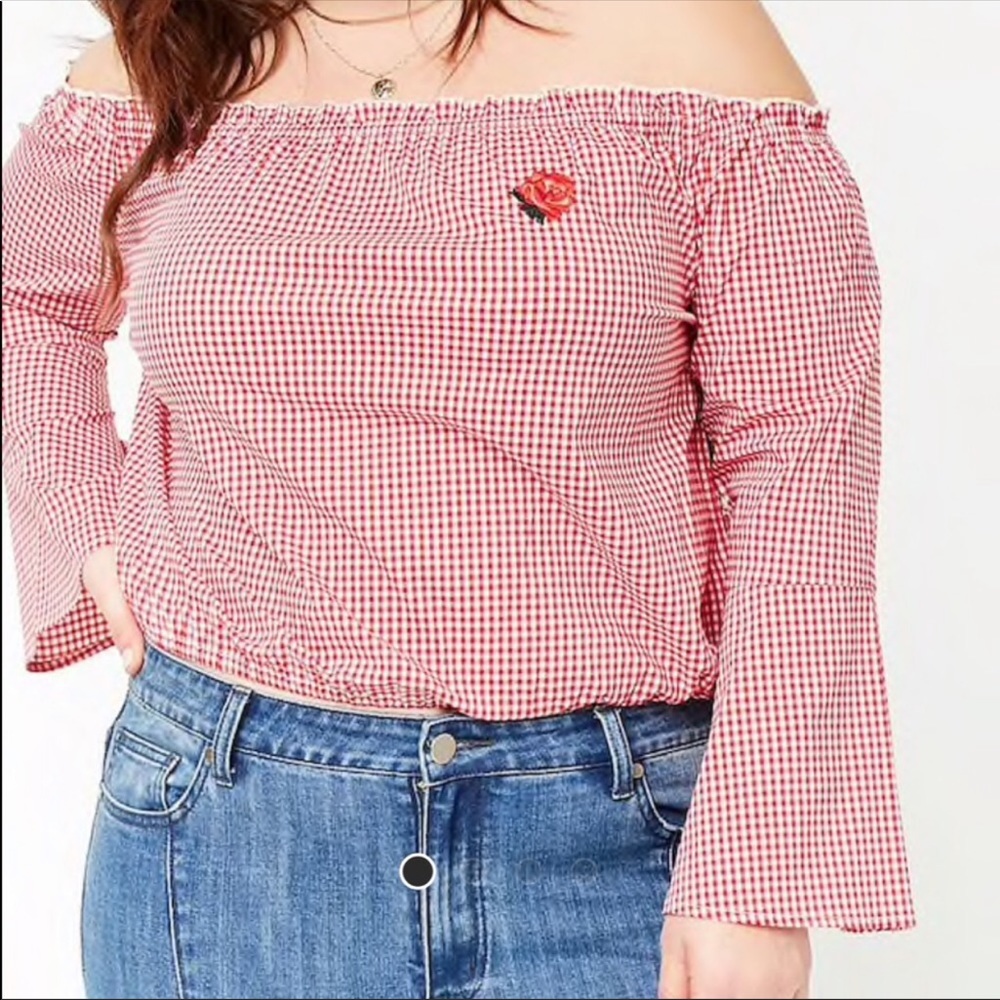 Red and white gingham print off shoulder top
